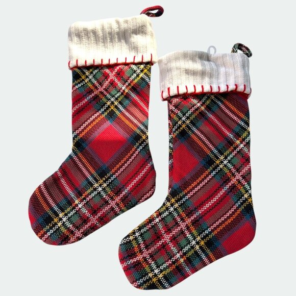 Set Of 2 Handmade Holiday Deco Red Plaid Knit Christmas Stockings With White Cuf - Picture 1 of 8